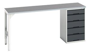 verso pedestal bench with 5 drawer 525W cab & lino worktop. WxDxH: 2000x600x930mm. RAL 7035/5010 or selected Verso Pedastal Benches with Drawer / Cupboard Unit